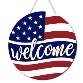 3D Memorial Day Door Sign 4th of July Decorations Patriotic Wreaths Welcome Sign for Front Door Wooden 4th of July Decor Patriotic Memorial Day Porch Home Wall Outside Decorations (Blue)