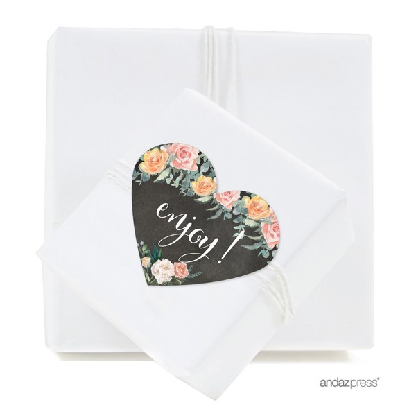 Andaz Press Peach Chalkboard Floral Garden Party Wedding Collection, Heart Label Stickers, Enjoy!, 75-Pack