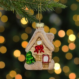 Snowy Country Cabin Glass Christmas Hanging Ornament - 3.25" - Gold Finish
