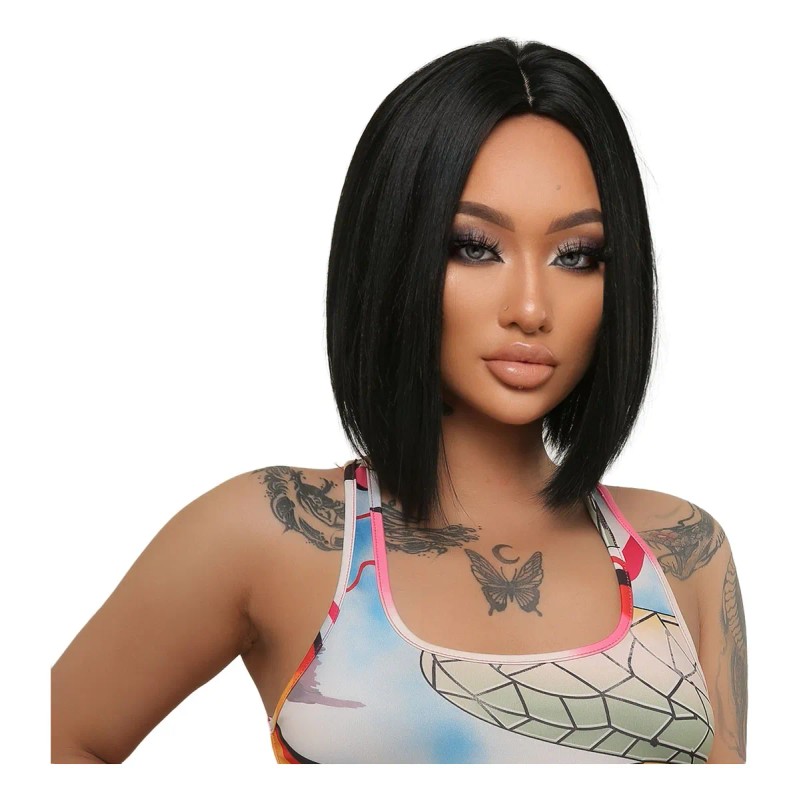 Peluca Corta De Pelo Negro Natural Liso Medio Para Mujer