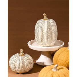 Fall Thanksgiving Pumpkin Decor Figurines, 2 PCS Fake Pumpkin Statues for Tabletop Decorating, White and Gold Resin Pumpkins for Autumn Harvest Luxury Fall Home Decor, Farmhouse, Gift Package