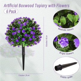 Yunlly Set of 6 Artificial Boxwood Topiary Ball Tree 16 Inch Outdoor Topiary Tree with Flower Fake Bushes, UV Resistance Faux Shrubs Evergreen Plant with Spike for Front Porch Indoor Decor(Purple)