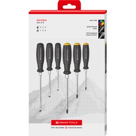 PB Swiss Tools Phillips and Slotted Screwdriver Set PB 8249.DN | 100% Swiss Made | 6-piece Screwdriver Set with going-through Blade for Effective Transfer of Energy - Bulls Eye Effect