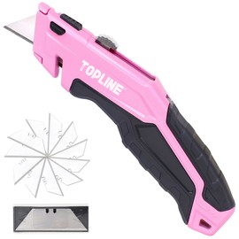 TOPLINE Retractable Pink Utility Knife, Retractable Pink Box Cutter, Blade Storage Design, 18-Piece SK5 Blades and a Dispenser Included