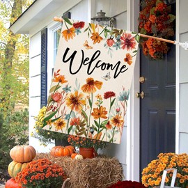 Baccessor Fall Floral Welcome House Flag 28 x 40 Inch Double Sided Burlap Autumn Wildflower Garden Flag Thanksgiving Holiday Seasonal Yard Outdoor Outside Decoration