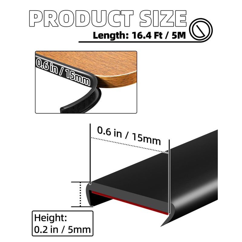 U-Shape Black TPE Edge Banding 16.4Ft Self-Adhesive Flexible Edge Trim,
