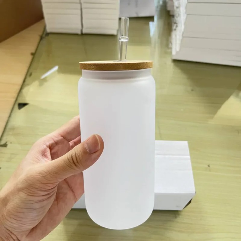 Sublimation Blank Beer Glass Cup Can Shaped Frosted with Bamboo