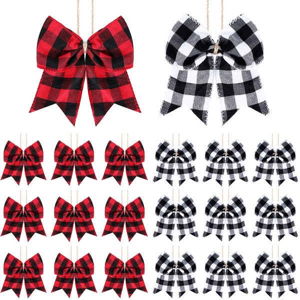 20 Pieces Christmas Plaid Bows Ornaments Buffalo Plaid Burlap Bows for Christmas Wreaths Gift Wrapping Tree Crafts DIY Home Party Indoor Outdoor Decoration Supplies (Black and Red, White and Black)