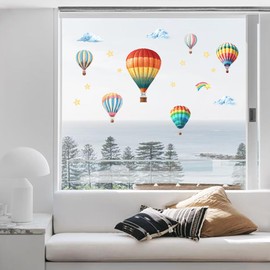 Peacoblue Fensteraufkleber Statisch Haftend 30x90cm, 2 BöGen Mit 24 StüCk HeißLuftballons Und Himmel, Dekorativer, Abnehmbarer Fensteraufkleber, HeimbüRo-Dekoration FüR Glasfenster, Spiegel