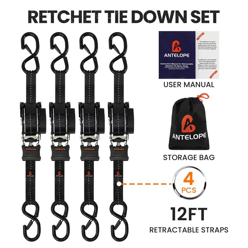 Heavy Duty Retractable Ratchet Straps (4 Pack) - 1IN x