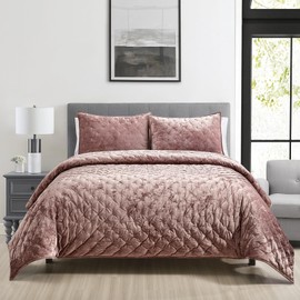 Sunshine Nicole Embroidery Quilt Set with Metallic Gold Thread, Distressed Velvet Face and Brushed Solid Microfiber Reverse, with Light Weight Soft Poly Fill, 3 Pieces Dusty Mauve Gold, Queen