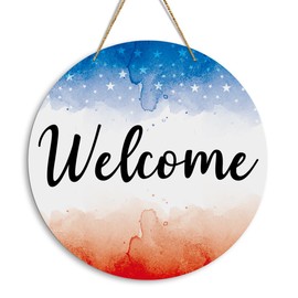 4th of July Decorations Welcome America Patriotic Decor Memorial Day Decorations Independence Day Americana Wooden Round Hanging Decor Sign for Home Office Wall Door