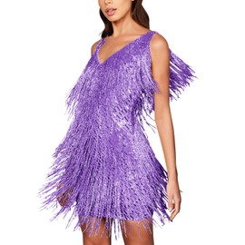 Sequin Cocktail Dresses Flapper Dresses 1920s Gatsby with All-Over Fringe Mini Dresses Prom Party Dress(Purple,l)