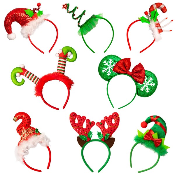 Whaline Christmas Headbands 8Pcs Xmas Tree Reindeer Antler Mickey Elf Head Hat Toppers Flexible Red Green Holiday hair Hoops for Christmas Holiday Party Photo Booth Favors