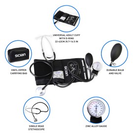 Scian Scian Manual Blood Pressure Cuff with Stethoscope - Aneroid Sphygmomanometer with D-Ring Universal Cuff 22-42cm in Carrying Bag for Nurse Doctor Senior Adult (Black)