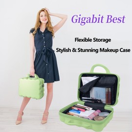 GigabitBest Portable Makeup Travel Case，PC+ABS hard shell cosmetic case,Women's portable cosmetic case with safety lock, suitable for travel and daily use-Green