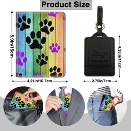 Passport Holder for Travel with Luggage Tag, PU Leather Passport Wallet with RFID Blocking for Women Men, Multi Card Slot Passport Cover Case, Rainbow Woodgrain Black and Purple Dog Paw