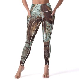 Xmkltbz Soft Stretchy Yoga Pants, Women High Waist Tummy Control Leggings Long Workout Athletic Tights with Pockets (L) Print Vintage Pirate Compasses Retro Key Openers Ancient World Maps