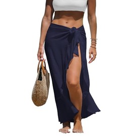 CUPSHE Women's Sarong Pareo High Waist Lacing Ruffle Hem Long Beach Towel Summer Bikini Cover Up Beach Skirt, navy