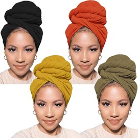 PWEOUKE 4 Pieces Jersey Turban Head Wraps Urban Stretch Solid Color Knit Headwrap for Black Women Fashion Headband for Braids Dreadlocks