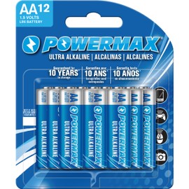 Powermax 12-Count Double AA Batteries, Ultra Long Lasting Alkaline Battery Blister Pack for Home and Office, 10-Year Shelf Life