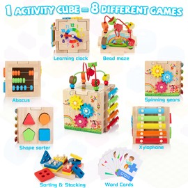 Bravmate Wooden Activity Cube, 8-in-1 Wooden Montessori Learning Toys for 18 M+ Toddlers, One Year Old First Birthday Gift, Baby Toy Set with Bonus Sorting & Stacking Board