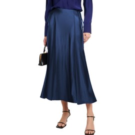 SEBOWEL Women Satin Maxi Long Skirt Silk Side Tie A Line Swing Midi Skirt Elegant Flowy Ruffle Pleated Cocktail Party Skirts, Navy Blue, XX-Large