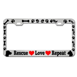Rescue Love Repeat Animal Lover Design Heavy Duty Metal Car License Plate Frame Auto Tag Holder