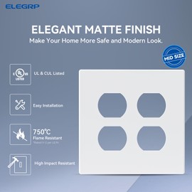 ELEGRP Duplex Screwless Receptacle Outlet Covers, 2-Gang Mid Size Wall Plates, Unbreakable Polycarbonate Electrical Outlet Faceplates Covers, UL Listed (2 Pack, Matte White)