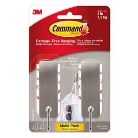 Command - Ganchos de pared de níquel cepillado mediano, 2 ganchos de capa y 4 tiras de comando, sin daños y con calcomanía, sin herramientas, ideales para colgar la decoración del hogar, soporta hasta