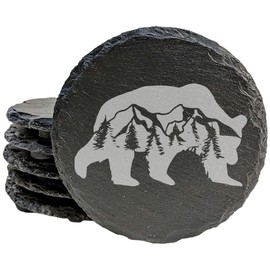 Bear Necessities: Slate Coasters with Majestic Mountain & Tree Scene - Laser Etched Rustic Drink Mats for a Wildly Stylish Home! - Round Slate - set of 8