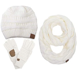 ScarvesMe 3pc Set Trendy Warm Chunky Soft Stretch Cable Knit Beanie, Scarves and Gloves Set Ivory