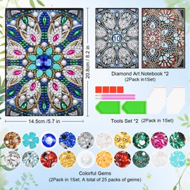 AUAUY 2 Diamond Art Notebook, A5 Mandala Blank Notebook Craft Kits for Kids Age 6-8-9-10, Birthday Gifts for 5-12 Year Old Girls, 5D Diamond Art Painting Stationery Set Arts and Crafts Kits for Kids