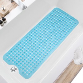 TEESHLY Bath Tub and Shower Mats, Non-Slip 40 x 16 Inch Extra Long Bath Mat, Machine Washable Bathtub Mat with Drain Holes, Suction Cups for Bathroom, Clear Blue