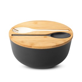 BAMBOO LAND- Salad Bowl with Wooden Lid & Servers, 208Oz, Oversized Bamboo ck colored salad bowl, Large Salad Bowl with Wooden Lid, 10 Inch, Black, Bamboo Fiber Salad Bowl with Servi