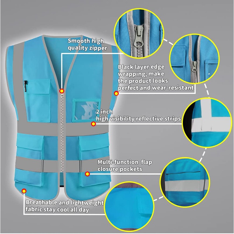 HYCOPROT High Visibility Safety Reflective Vest with Pockets and Zipper,