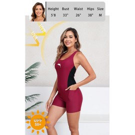 Halcurt Women's Boyleg One Piece Swimsuit with Pocket Racerback Athletic Bathing Suit Wine Red Black 2XL