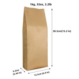 Kraft Paper Stand Up Coffee Bags/Side Gusset Pouch with Flat Bottom Coffee Pouch with One Way Degassing Valve, 50 Pieces (Kraft, 1kg, 32oz, 2.2lb)