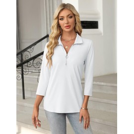TICTICMISS Women's 3/4 Sleeve Tops V Neck T Shirts Zipper Collared Polo Shirts A-White