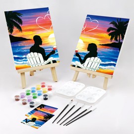 VOCHIC Sip and Paint Kit,Pre Drawn Canvas Couples Paint Party Kit Painting Art Set for Adults Date Night Sunset Beach Lovers 2 Pack (8 x 10 Inches)