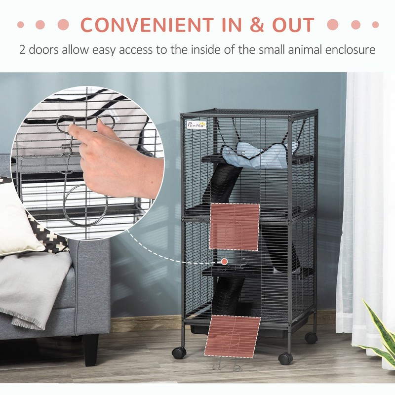 PawHut Metal Small Animal Cage, 4-Tiers Rolling Big Ferret Cage