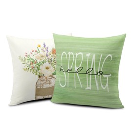 Kwlegh Hello Spring Pillow Covers 18x18 Set of 2 Vase Spring Flower Farmhouse Decorative Pillows Covers Butterfly Spring Summer Home Decor Cotton Blend for Couch Bed Living Room