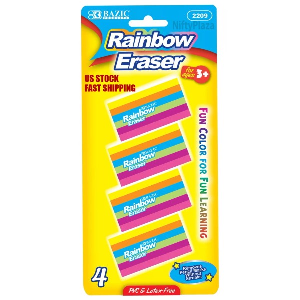 Bazic Rainbow Eraser Soft and Non-abrasive removes Pencil Marks without