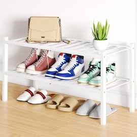 Smiry Shoe Rack, 2 Tier Bamboo Shoe Organizer, Stackable Free Standing Wooden Shoe Storage Shelf for Closet, Entryway, Front Door Entrance, White