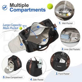 FIORETTO Womens Gym Tote Duffle Bag with Wet Pocket & Shoe Compartment, Sports Duffel Overnight Weekender Hospital Workout Carry on Bag for Girls, Ideal for Travel, Swimming, Dance, Ballet Black