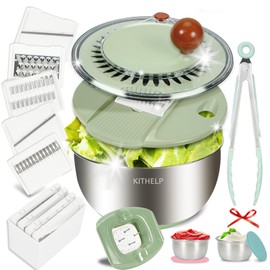 KITHELP Stainless Steel Salad Spinner Large, Vegetables Fruits Wash Bowl with Strainer, Lettuce Spinner Dryer with 5 Blades Slicer, Egg Yolk Strainer, Shredder for Efficient Salad Preparation 5.3Qt