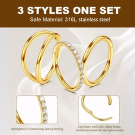 TOFBS Pack of 3 Nose Piercing for Women Men Gold 316 Stainless Steel Nose Piercing Ring 16G Hypoallergenic Hoop Nose Ring Septum Jewellery, Stainless Steel