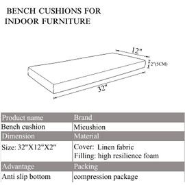 MICUSHION Piano Bench Cushion for Indoor Shoe Storage with Ties Non Slip Picnic Bench Pad for Kitchen Dining Table Seat 32 x12 inch, Light Brown