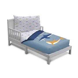 Delta Children 4 Piece Toddler Bedding Set for Boys - Reversible 2-in-1 Comforter - Includes Fitted Comforter to Keep Little Ones Snug, Bottom Sheet, Top Sheet, Pillow Case - Blue Shark, Marine Life