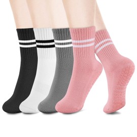 Yoga Pilates Non Slip Socks with Grips for Women (4 Pairs) Non Skid Gripper Crew Socks for Yoga Hospital Pilates Barre Home (Cotton, 12)